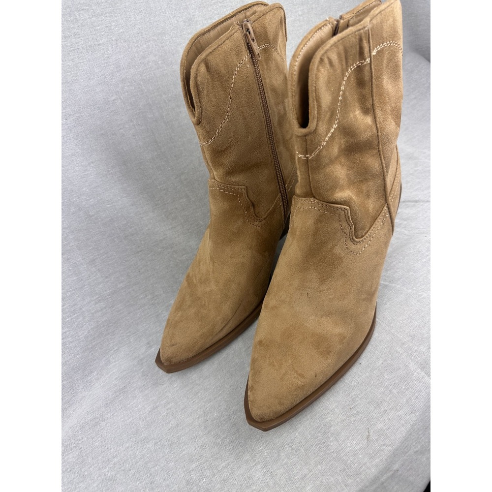 Tan Faux Suede Western Ankle Boots Pointed Toe Block Heel Size 8.5 - Picture 2 of 5